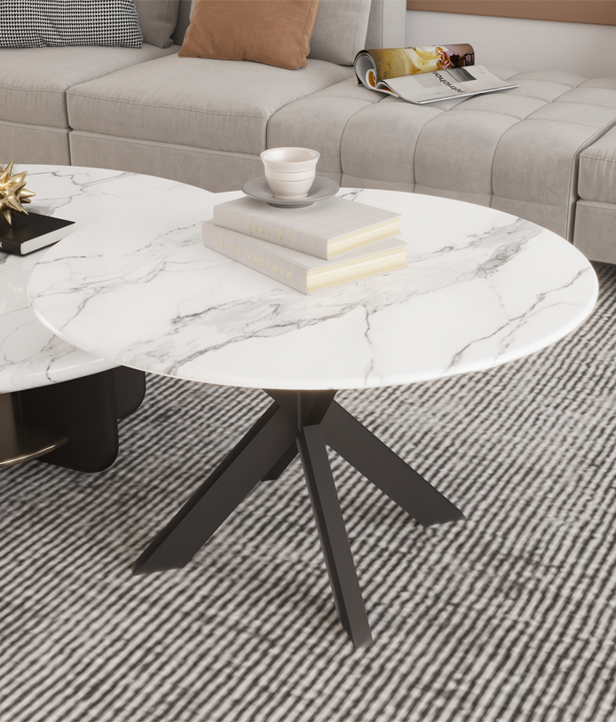 Black coffee table legs paired with a marble tabletop in a stylish living room scene, showcasing DELTA CAINA's premium furniture hardware and modern design aesthetics.